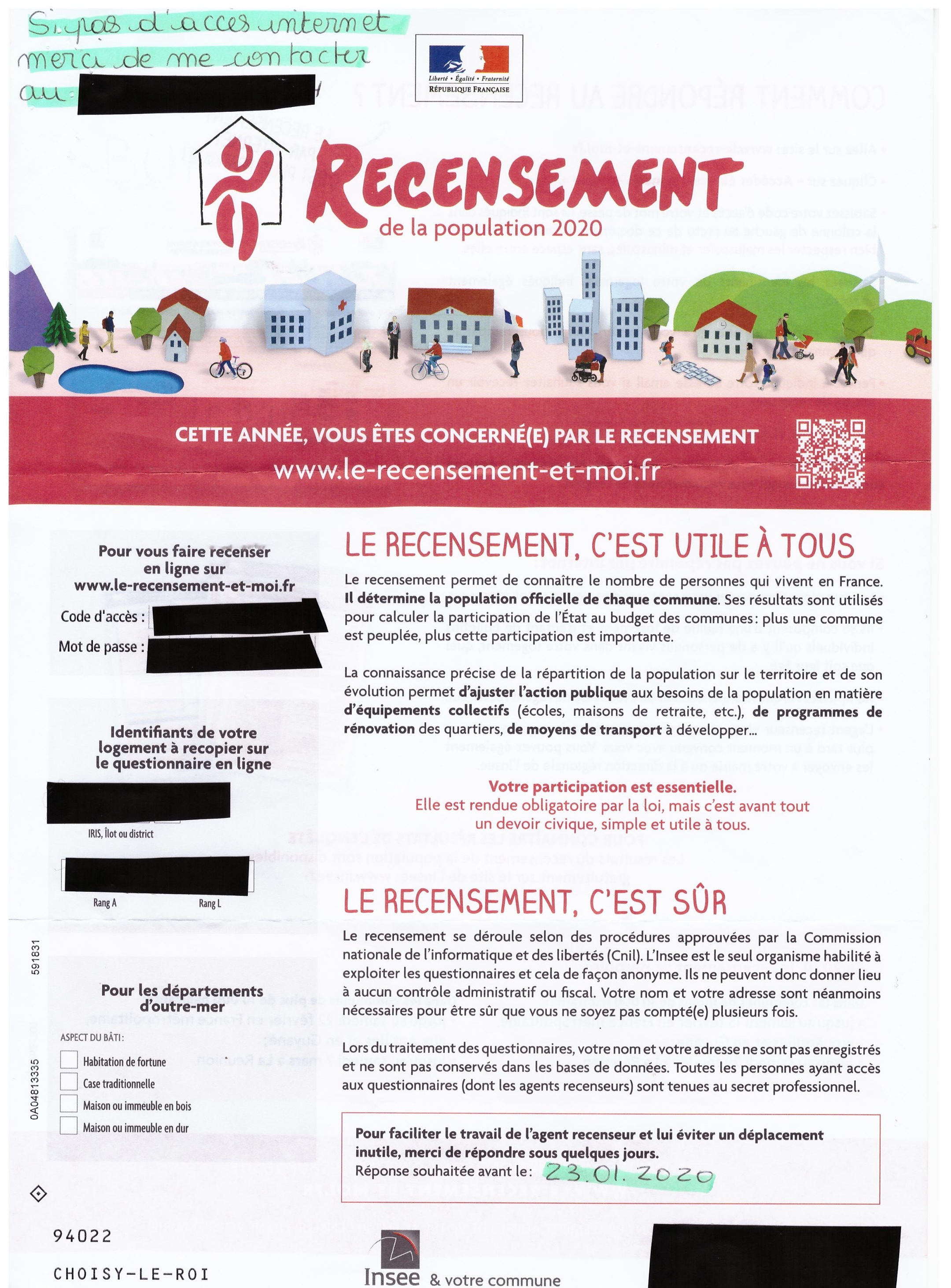 Deuxième avis de passage du recenseur, reçu le 26 janvier 2020 (recto)